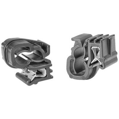 Due clip nere in plastica con molle metalliche. Una mostra la vista frontale, l'altra la vista posteriore. Utilizzate per fissaggio.