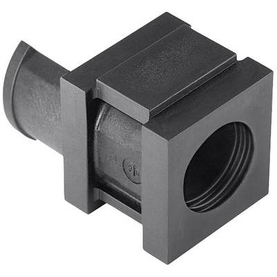 Pezzo in plastica nero a forma di cubo con un'apertura cilindrica, probabilmente un elemento di fissaggio o un supporto.