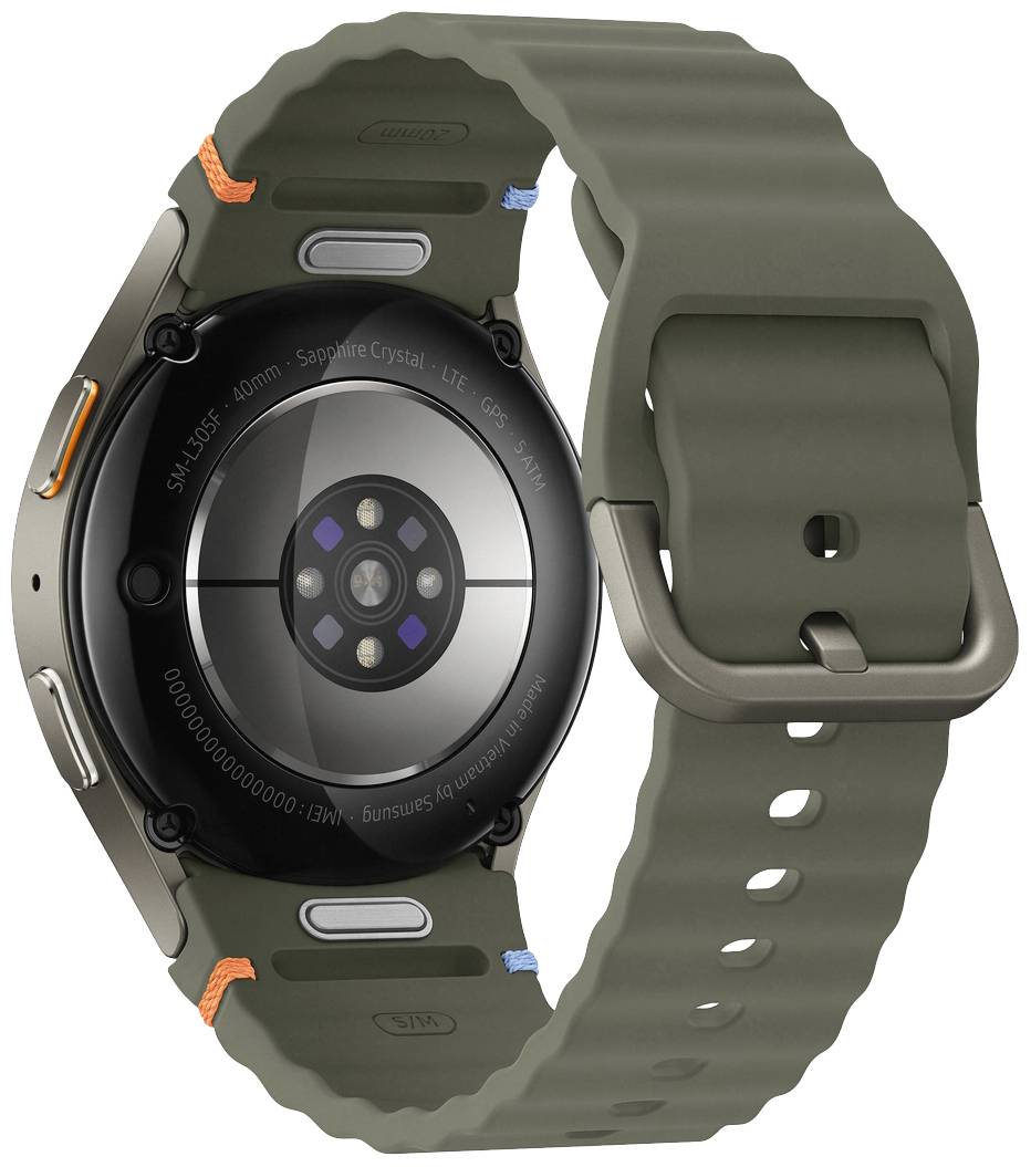 Retro di un smartwatch moderno con sensore circolare e cinturino color oliva.