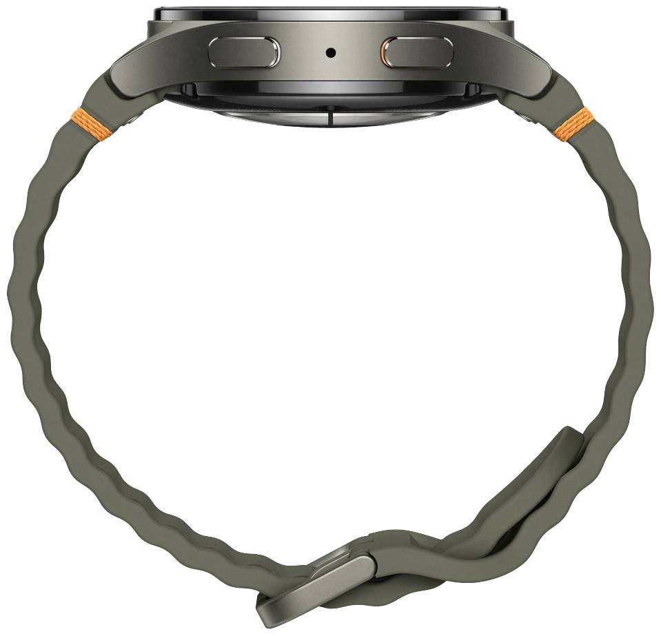 Un smartwatch con un alloggiamento robusto e un cinturino verde, vista laterale. Ha due pulsanti visibili e un cinturino dal design ondulato.