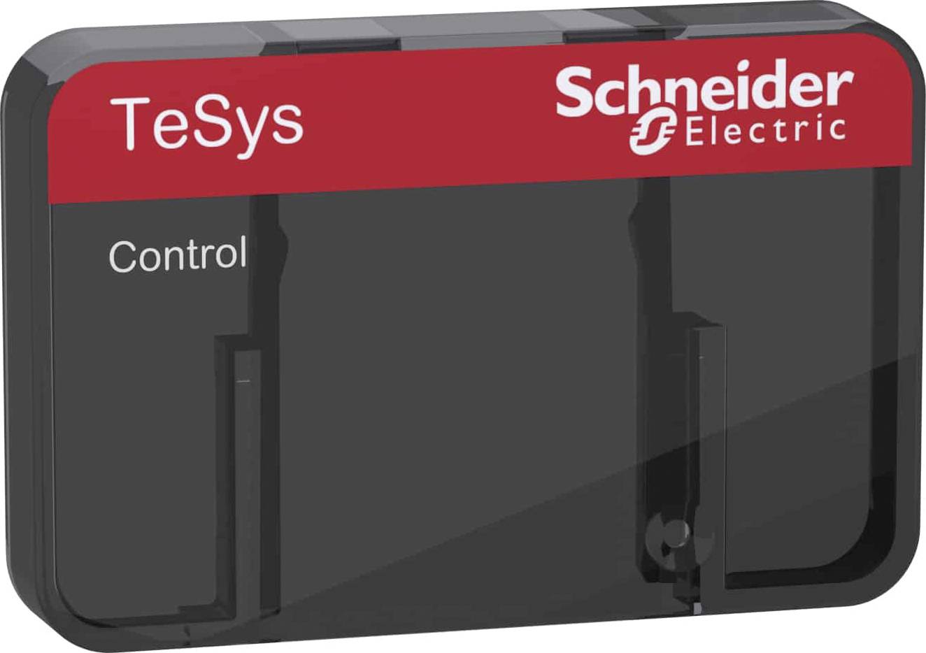 Logo di Schneider Electric su una striscia rossa, sotto il testo 'TeSys control'. Confezione del prodotto per il controllo elettronico.
