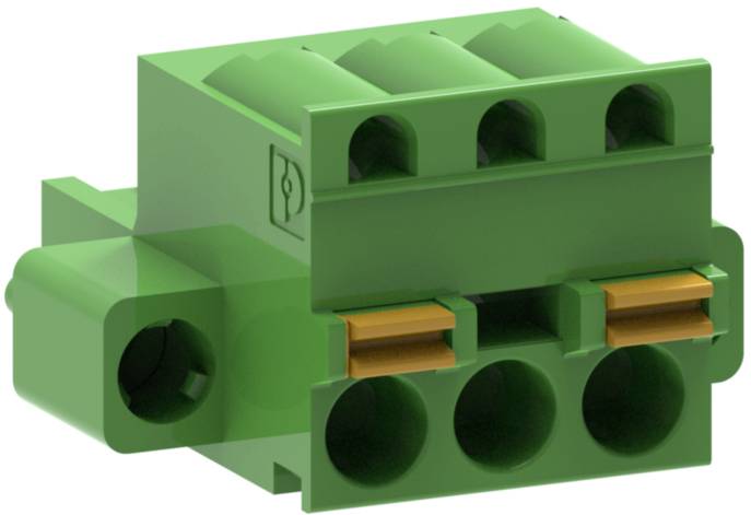 Connettore verde, rettangolare, a tre poli con superfici di contatto metalliche, probabilmente utilizzato per connessioni elettriche.