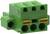 Connettore verde, rettangolare, a tre poli con superfici di contatto metalliche, probabilmente utilizzato per connessioni elettriche.