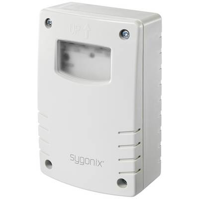 Un rilevatore di movimento bianco della marca Sygonix con una finestra di visualizzazione in alto e la scritta 'UP', idoneo per il montaggio a parete.
