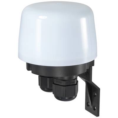 Un involucro rotondo bianco con base nera e due connessioni per cavi, montato su un supporto a parete.
