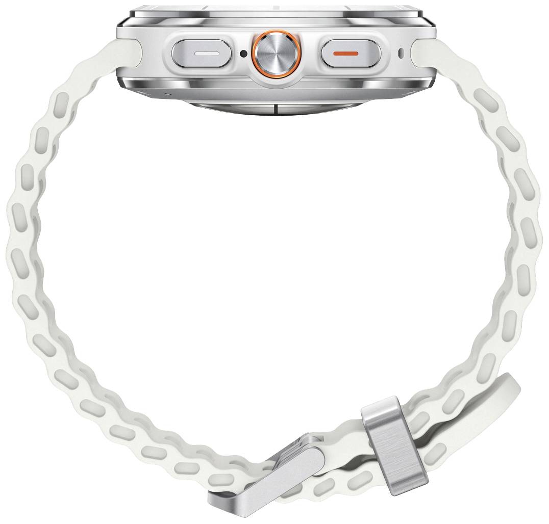 Orologio da polso in argento con cinturino bianco traforato e tre pulsanti laterali, di cui uno contrassegnato in arancione.