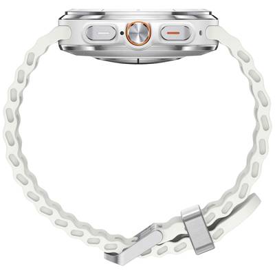 Orologio da polso in argento con cinturino bianco traforato e tre pulsanti laterali, di cui uno contrassegnato in arancione.