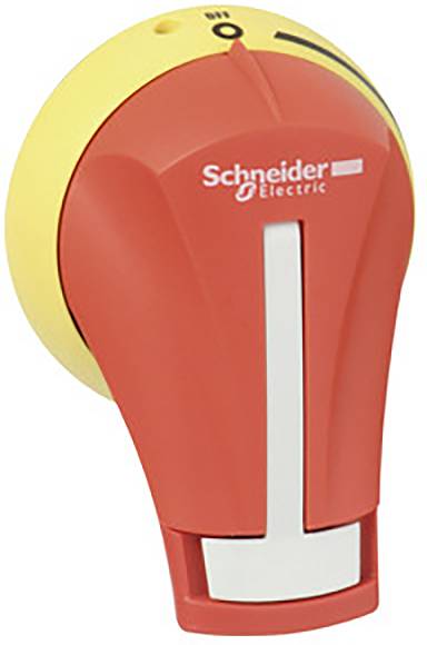 Interruttore rosso con leva bianca, contrassegnato con 'Schneider Electric', su sfondo giallo.