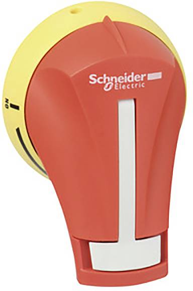 Leva dell'interruttore in rosso e giallo, contrassegnata con 'Schneider Electric', indica la posizione 'ON'.
