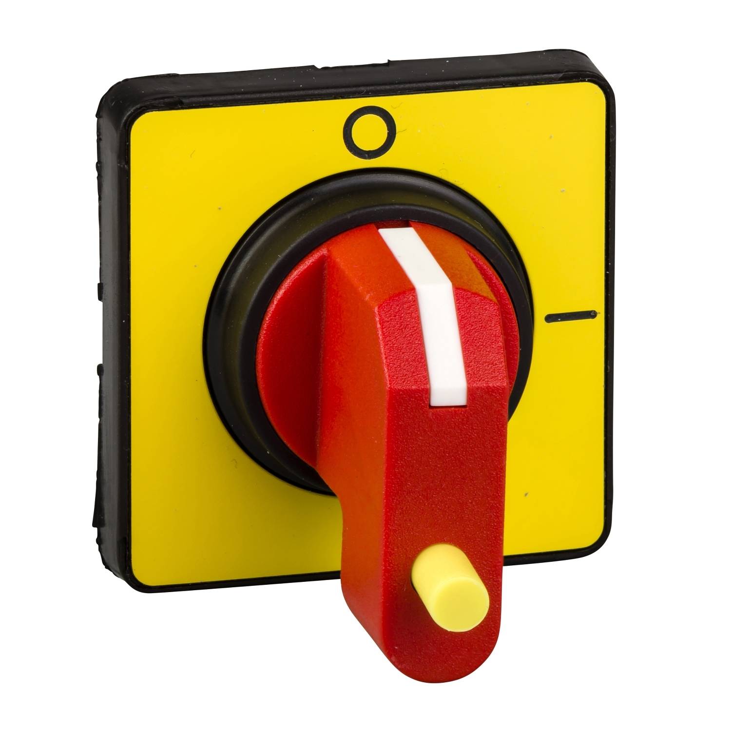Un interruttore rotativo rosso con sfondo giallo indica la posizione 'Spento' con una cornice nera e marcatori per le posizioni.