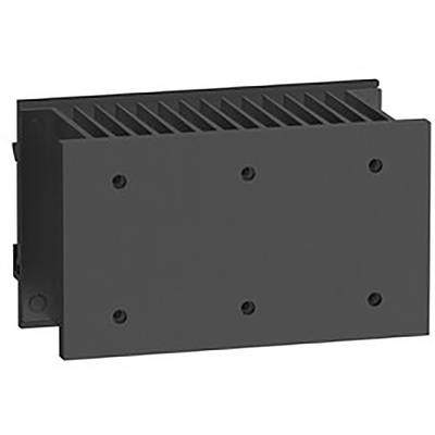 Un componente metallico nero rettangolare con diversi fori per viti e alette di raffreddamento sulla superficie superiore.