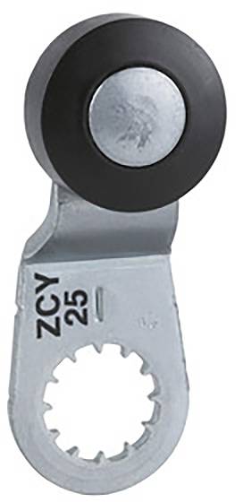 Guida in metallo con ruota nera rotonda in alto. Marcature 'ZCY 25' sul lato. Utilizzata in applicazioni industriali per guida o movimento.