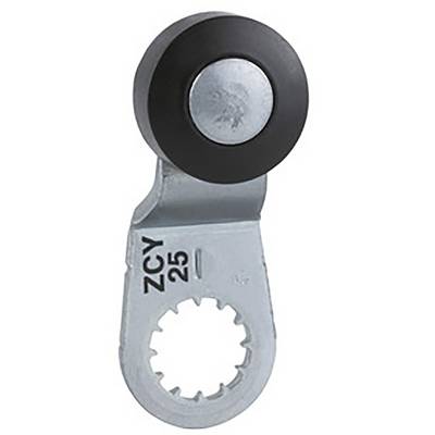 Guida in metallo con ruota nera rotonda in alto. Marcature 'ZCY 25' sul lato. Utilizzata in applicazioni industriali per guida o movimento.