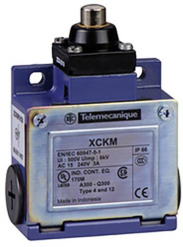 Un fine corsa blu del marchio Telemecanique, modello XCKM, con specifiche tecniche riportate sulla targhetta identificativa.