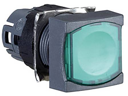 Un indicatore luminoso quadrato verde con supporto metallico, utilizzato per segnalazione o come interruttore in apparecchiature.