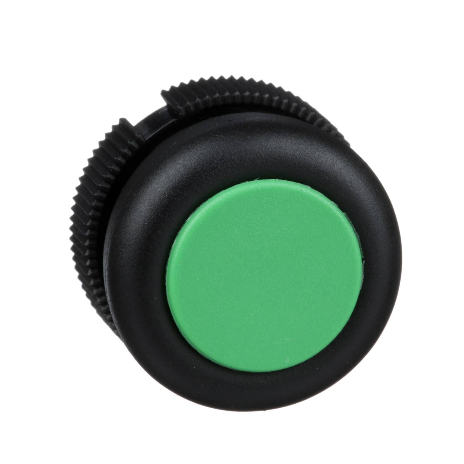 Un bottone rotondo verde su base nera, adatto per dispositivi elettronici per controllare impostazioni o volume.