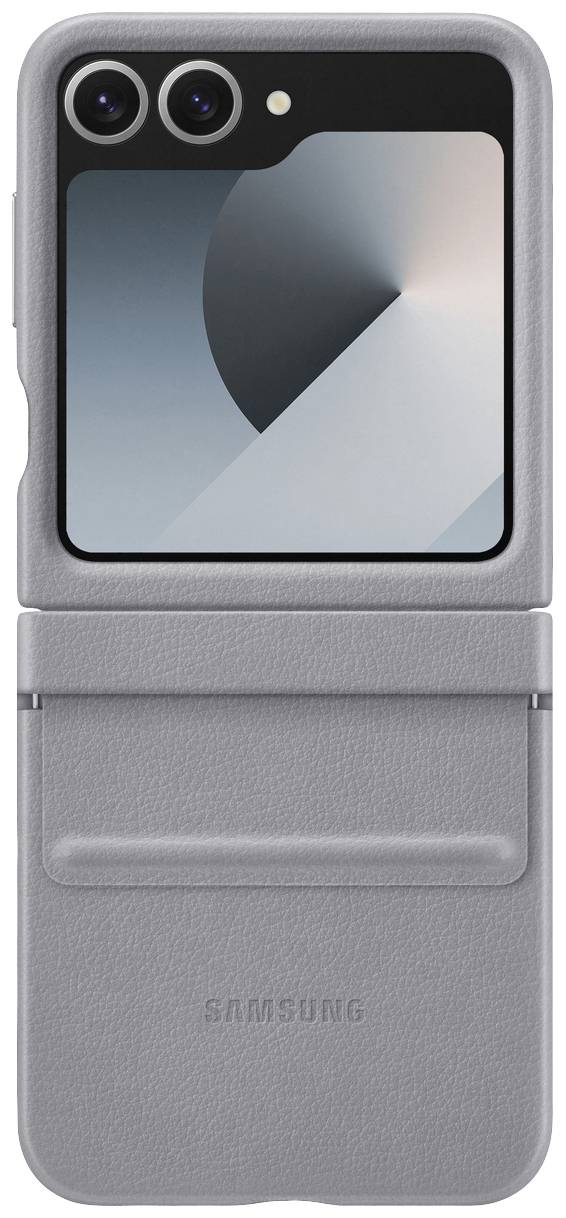 Un telefono grigio in un custodia abbinata che si può piegare al centro. Sullo schermo è visibile un design geometrico minimalista.
