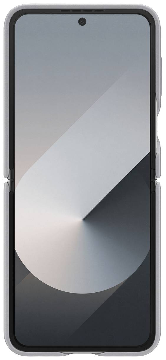 Un moderno smartphone con design pieghevole, lo schermo mostra motivi astratti. Stile chiaro e minimalista.