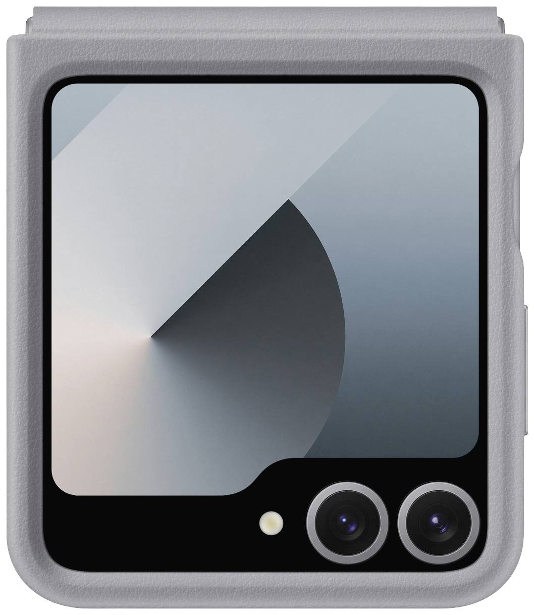 Uno smartphone con due obiettivi fotografici, design pieghevole chiuso e un involucro grigio minimalista.