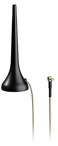 Antenna nera, conica, con cavo lungo e connettore dorato. Progettata per l'amplificazione del segnale in diversi dispositivi.