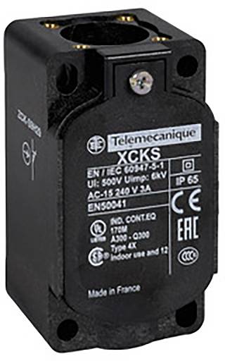 Un interruttore di fine corsa nero Telemecanique, modello XCKS, grado di protezione IP65, per uso interno ed esterno, 'Made in France'.