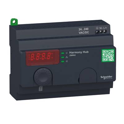 Hub Harmony nero di Schneider Electric con indicatore LED e codice QR, idoneo per 24-240 VAC/DC.