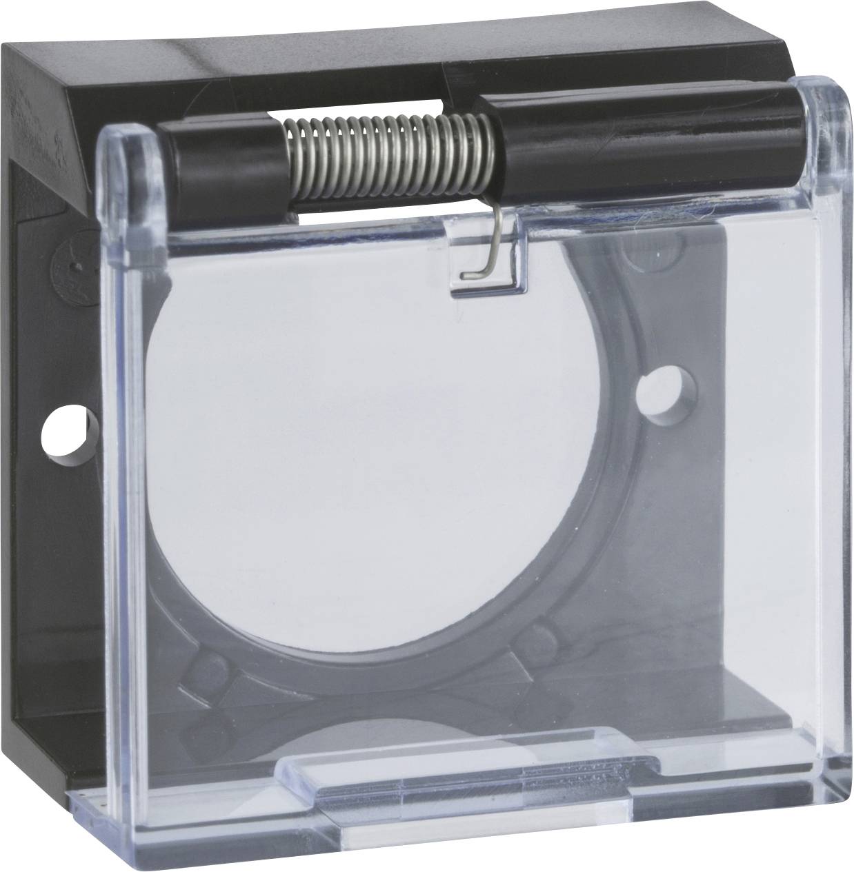 Custodia elettronica protettiva con cerniera a molla, forma rettangolare. Copertura frontale trasparente, montata su cornice in plastica nera.