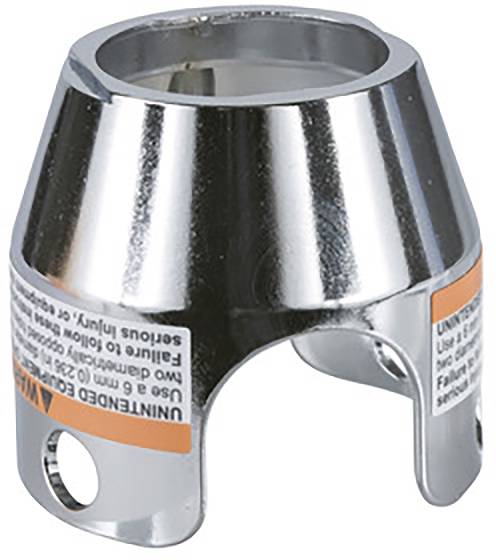 Adattatore metallico con corpo cilindrico e due fori di fissaggio arrotondati, idoneo per stabilizzare connessioni.