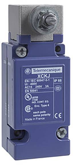 Un interruttore blu di 'Telemecanique' con numero di modello XCKJ. Ha specifiche tecniche su un'etichetta, IP 66, fabbricato in Francia.
