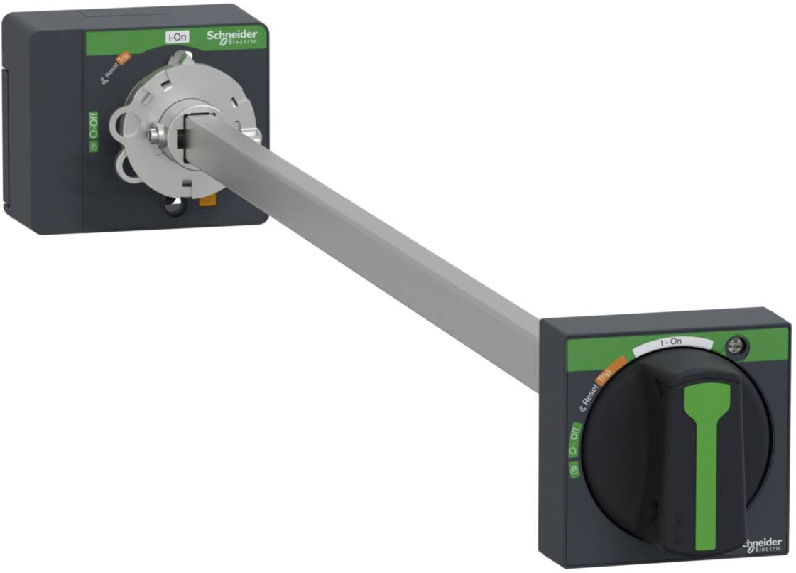 Interruttore di comando Schneider Electric con asse lunga. L'interruttore è nero con simbolo a freccia verde e indica la direzione 'I' (Acceso).