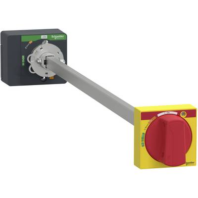 Un interruttore principale giallo con una maniglia rossa di azionamento, collegato tramite un'asta grigia a un quadro elettrico grigio.