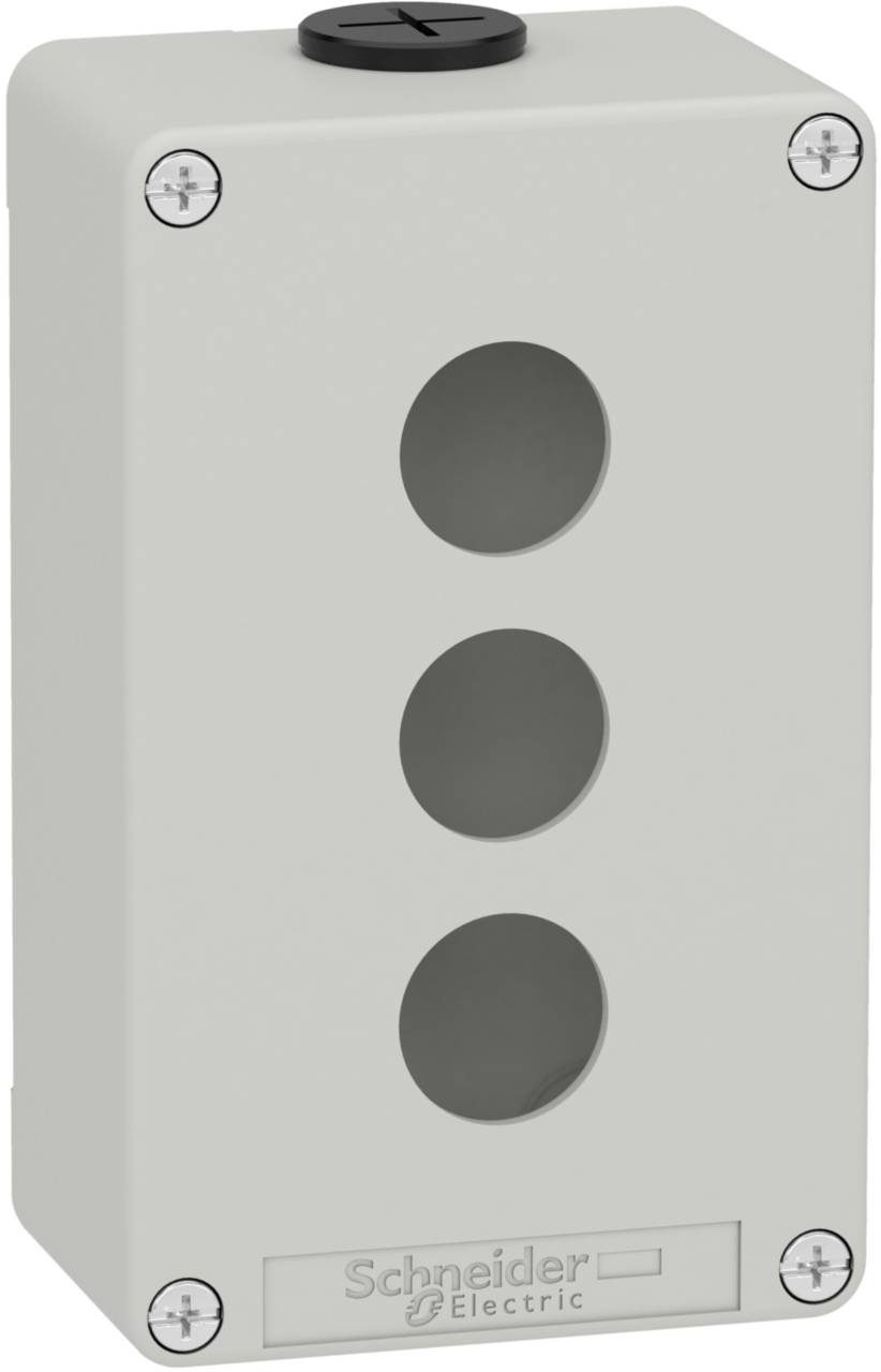 Involucro con tre aperture circolari per pulsanti o spie di controllo, chiusure a vite agli angoli, logo 'Schneider Electric' in basso.