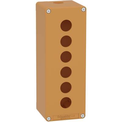 Scatola di sicurezza arancione con sei fori circolari frontali. Adatta per ambienti industriali per il montaggio di comandi.
