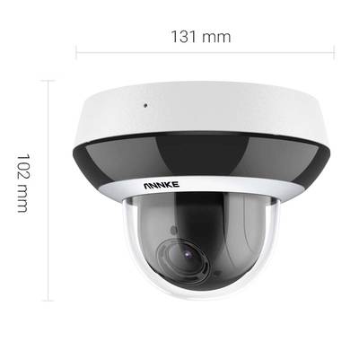 Una telecamera di sorveglianza a forma di sfera, alta 102 mm e larga 131 mm, mostrata con le relative unità di misura.