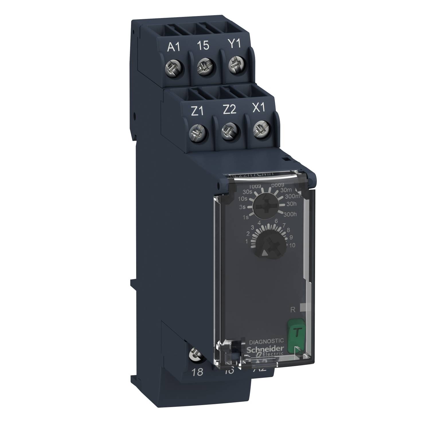 Un relè temporizzatore elettrico nero di Schneider Electric con regolatore e diversi morsetti di connessione.