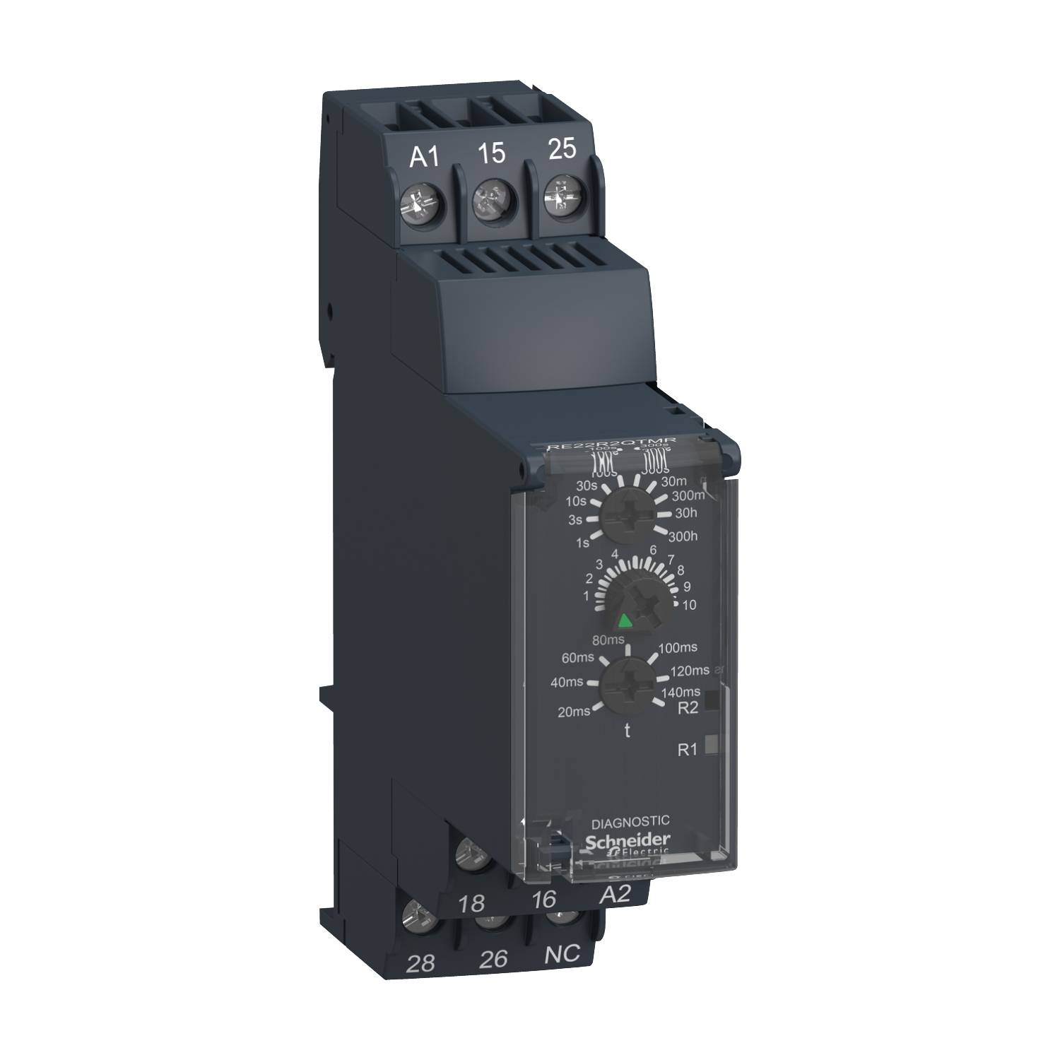 Un relè temporizzatore elettrico di Schneider Electric con più morsetti e manopole di regolazione per il controllo delle funzioni temporali.