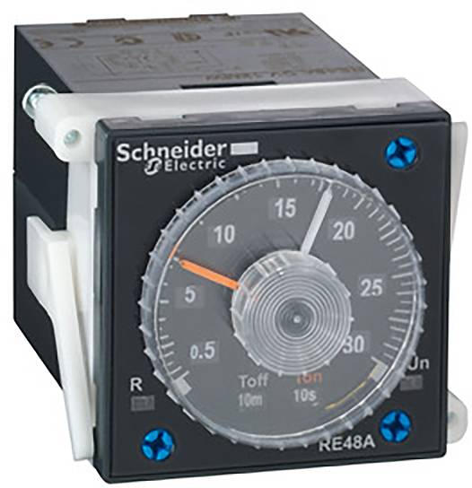 Un relè temporizzatore grigio di Schneider Electric con scala graduata da 0 a 15 secondi. Due viti blu fissano il pannello frontale.