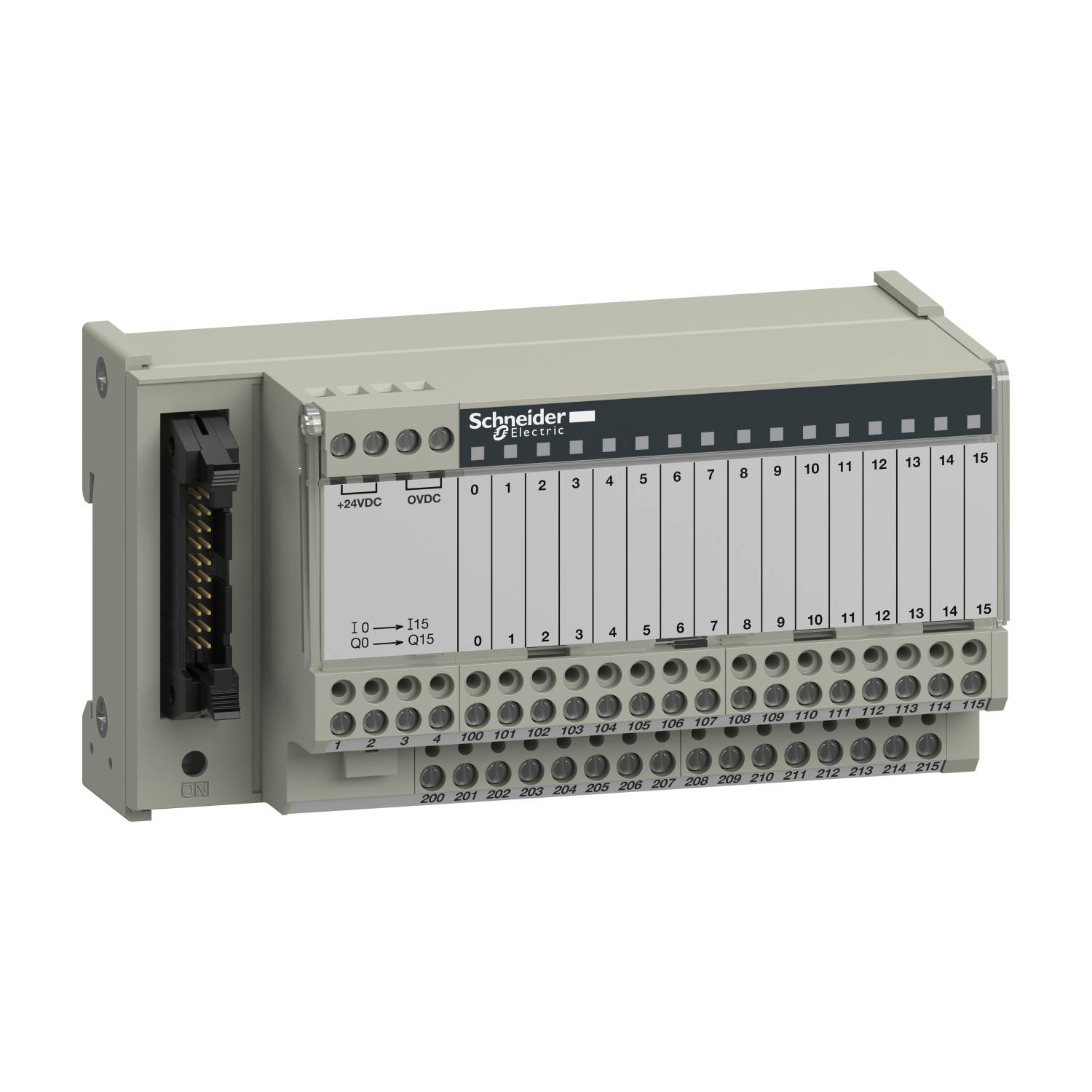 Un modulo elettrico con più punti di connessione, numerati da 0 a 15, utilizzato per attività di controllo e automazione.