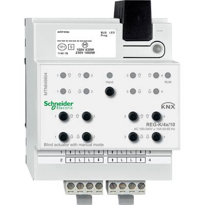L'immagine mostra un attuatore per tapparelle KNX con comando manuale di Schneider Electric. Dispone di ingressi per il funzionamento manuale e spie LED.