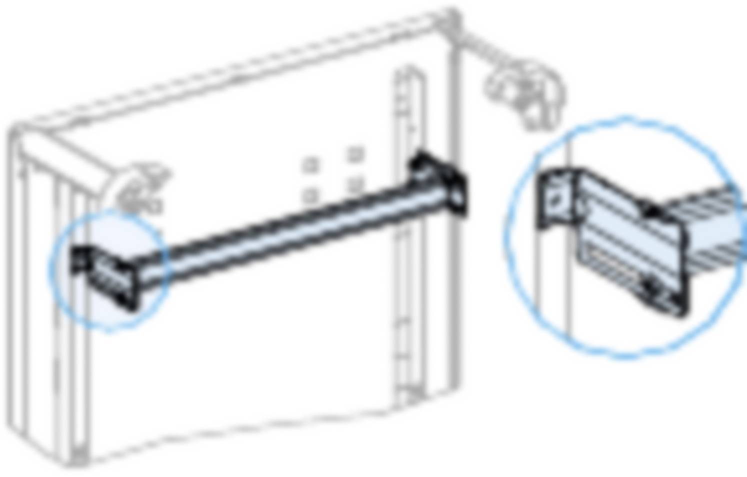 'Schizzo di un supporto metallico con viti su una parete e primo piano del sostegno.'