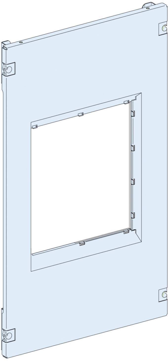Cornice metallica rettangolare di colore blu chiaro con un'apertura quadrata al centro, presumibilmente parte di un involucro o di un pannello.
