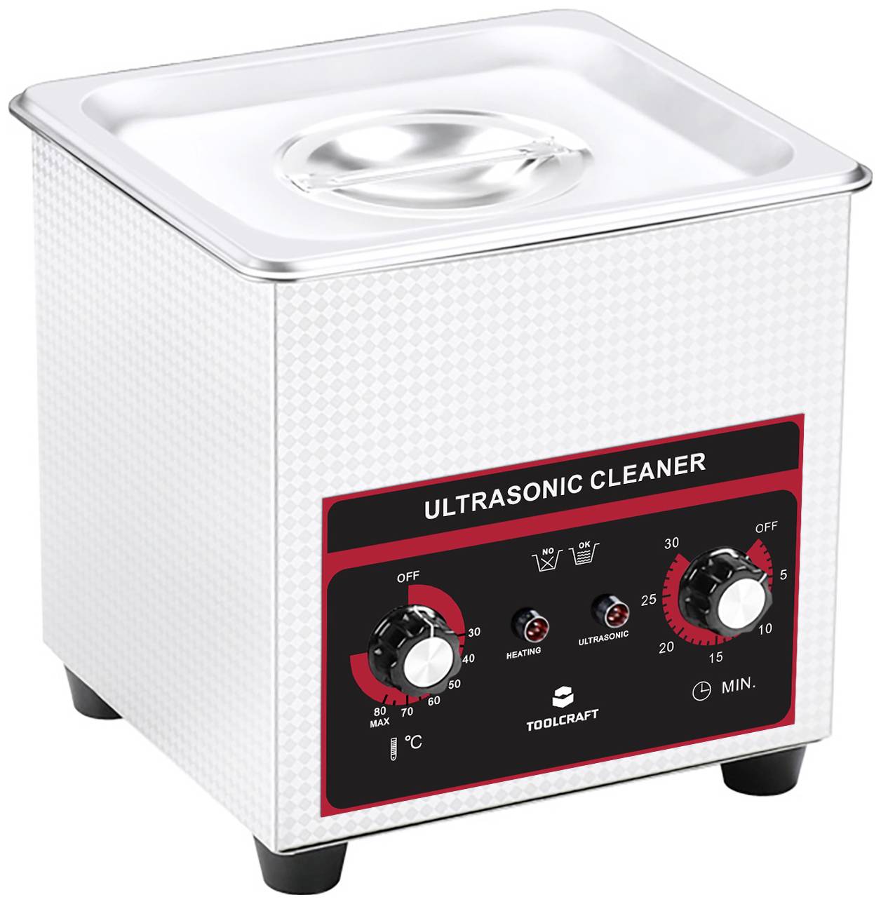 Pulitore a ultrasuoni con regolatori di temperatura e tempo, contrassegnato con 'Ultrasonic Cleaner' sul lato anteriore.