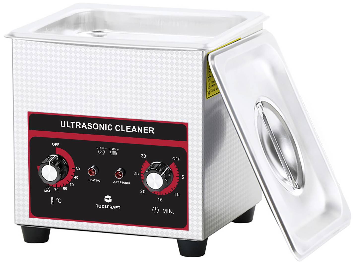 Un pulitore a ultrasuoni con coperchio aperto, dotato di comandi per la regolazione di tempo e temperatura. Nome del marchio e comandi di controllo visibili.