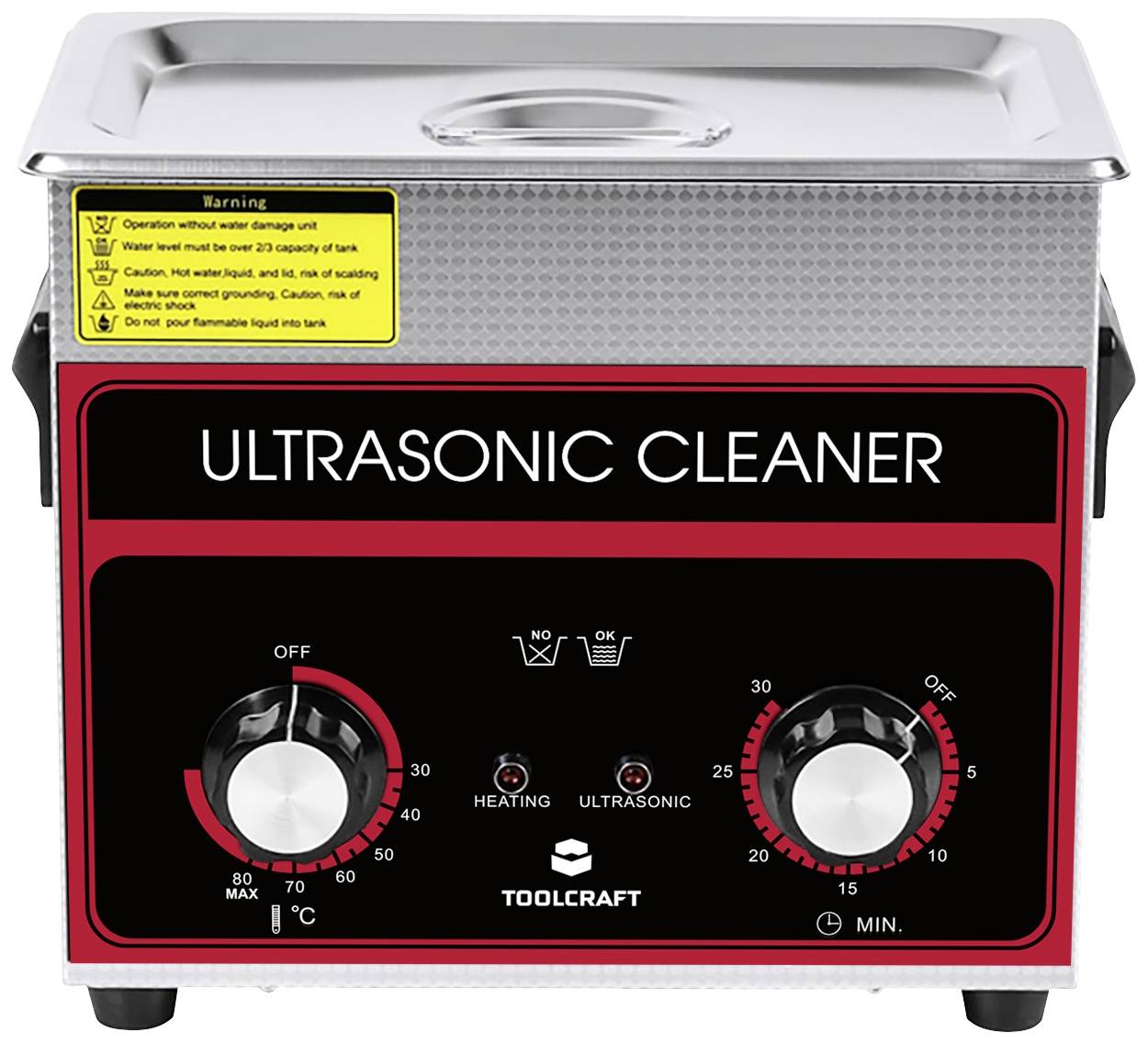 Un pulitore a ultrasuoni con due manopole: una per l'impostazione della temperatura (a sinistra, 0-80°C) e una per l'impostazione del tempo (a destra, 0-15 minuti), con avvertenze in alto.