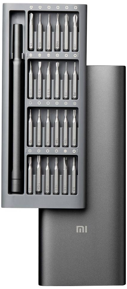 Un set di cacciaviti grigio con 24 bit intercambiabili, presentato in un elegante scatola. Include diversi tipi di cacciaviti.