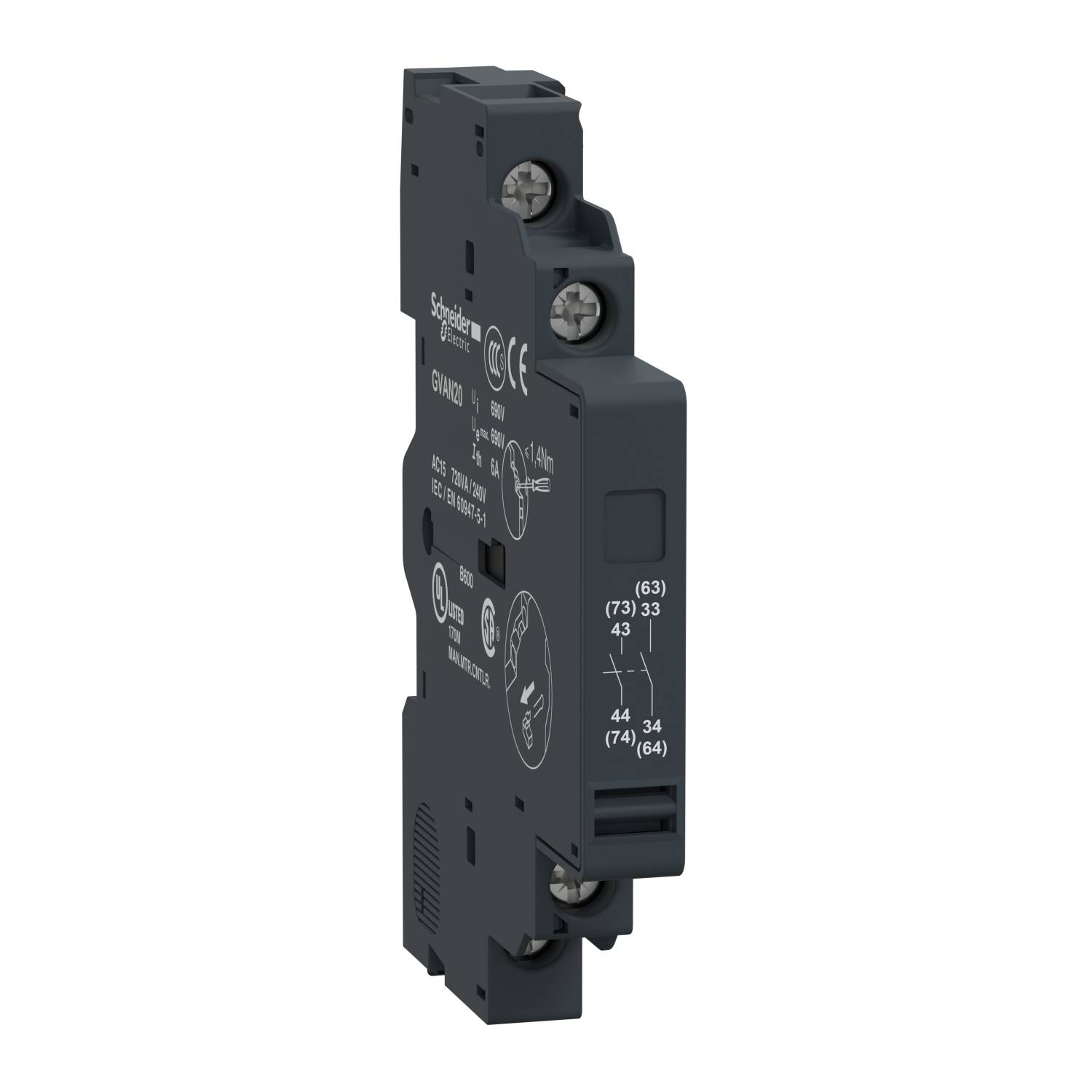 Contattore elettromagnetico nero con più morsetti e marcature, idoneo per applicazioni industriali.