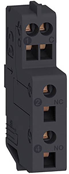 Un blocco di contatti elettrici nero con quattro connettori in rame, numerati da 1 a 4, contrassegnati con 'C', 'NC' e 'NO'.