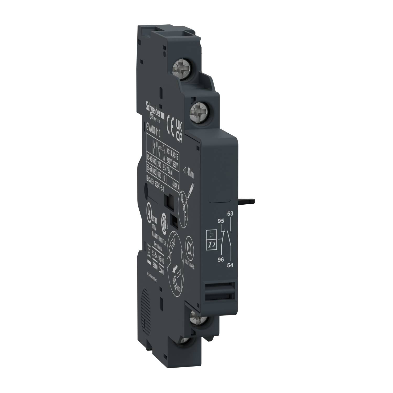 Un interruttore elettrico nero di Schneider Electric, modello LADN22, con marchio CE e specifiche tecniche stampate.