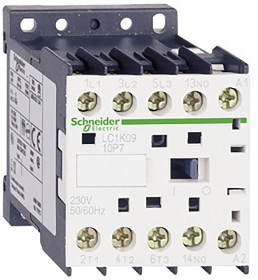 Un contattore elettrico bianco con elementi neri e scritta verde 'Schneider Electric' sul davanti.