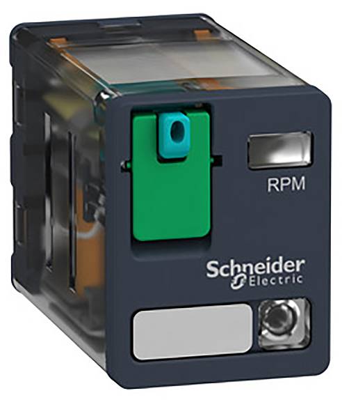 Un modulo relè rettangolare nero di Schneider Electric. La scritta 'RPM' è visibile in alto a destra sul davanti.